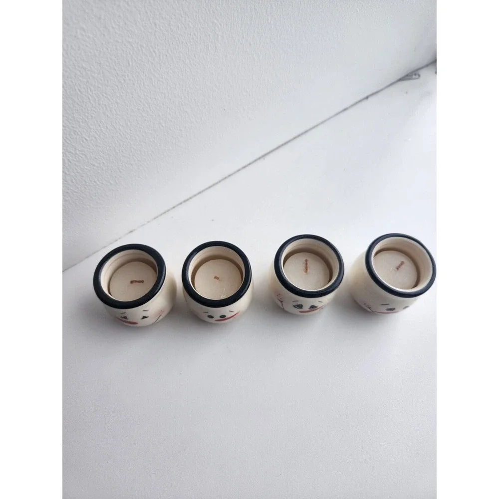 Set of 4 Snowman Mini Jar Candles Ceramic Painted Christmas‎ Holiday Winter